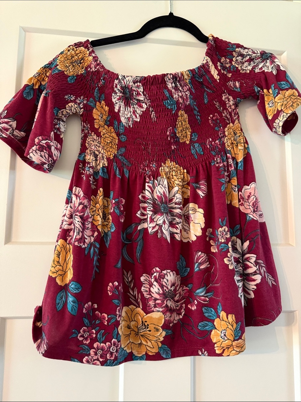 Xhilaration Burgundy Floral Smocked Off-Shoulder Blouse